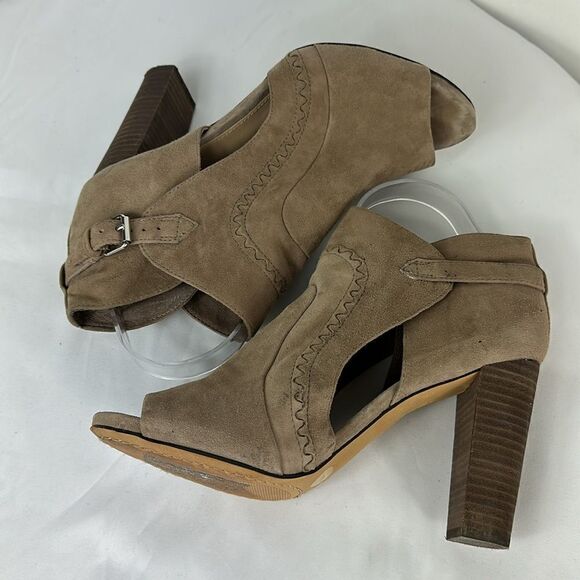 Vince Camuto Conley Buckle Tan Suede Leather Peep Toe Heeled Boots Size 8.5 - Picture 6 of 11